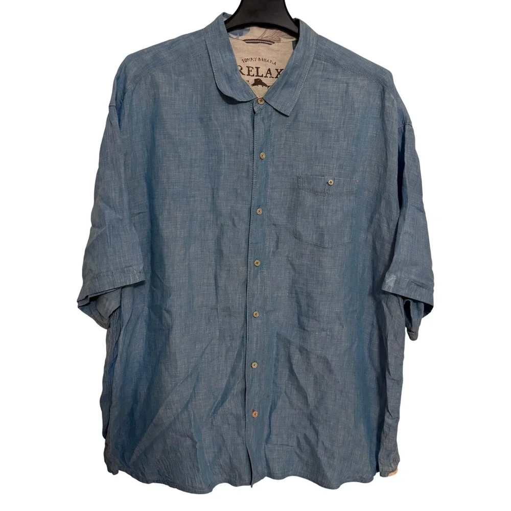 Tommy Bahama Button Down Shirt Relax Fit Mens 3XL Linen Vacation Summer Dad Blue